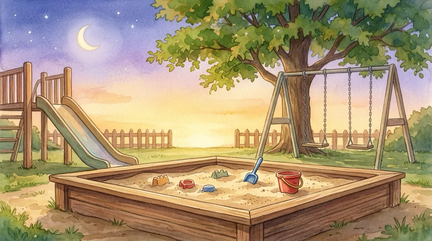 A wide view of Maple Park sandbox at warm golden dusk — sand buckets and shovels in the warm sand, a wooden slide and swings and a big leafy tree in the background, with the first star and a gentle moon rising.
