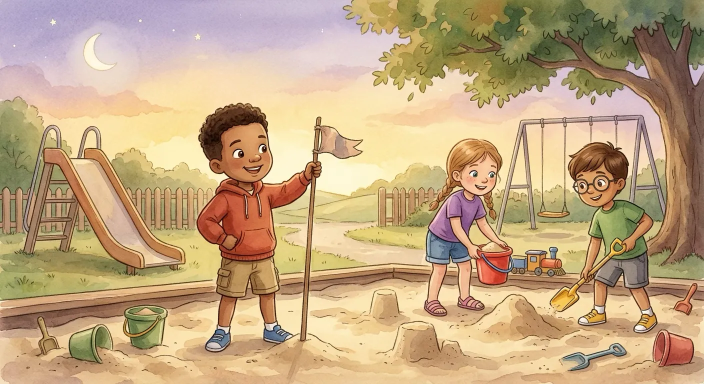 Sam, a boy in a red-orange hoodie, stands proudly in the sandbox planting a small flag with a big confident smile, while Riley and Jamie play nearby in the background.