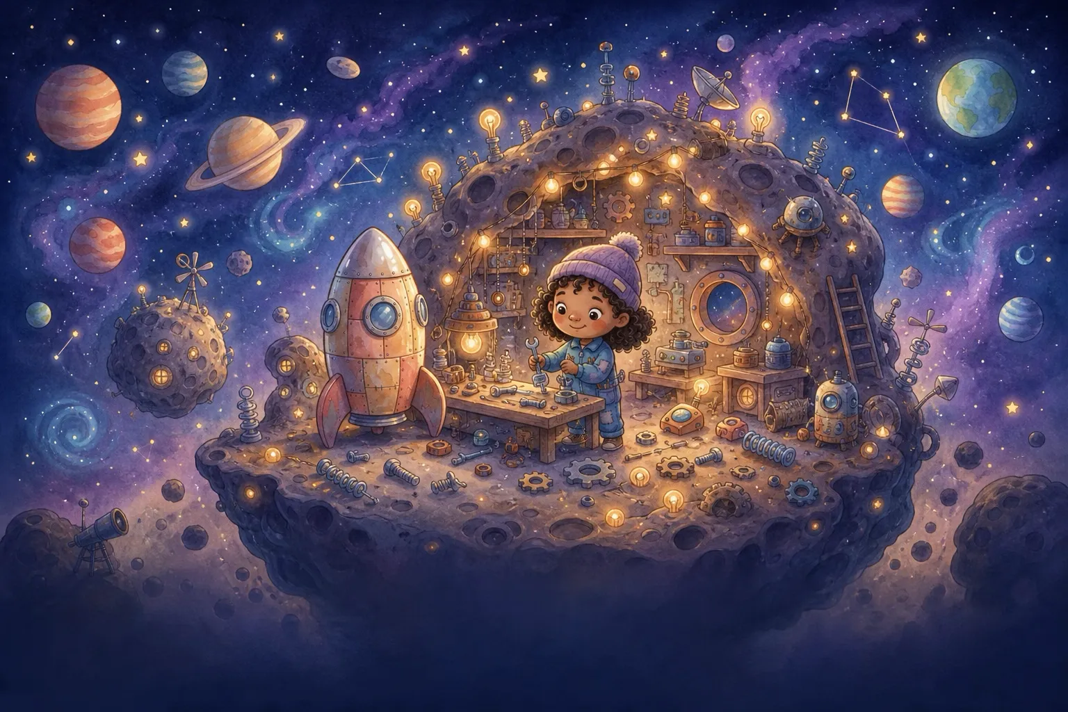 A wide view of a cozy asteroid workshop among colorful friendly planets, glowing with scattered bolts, springs and gadgets, with little Juno building inside.