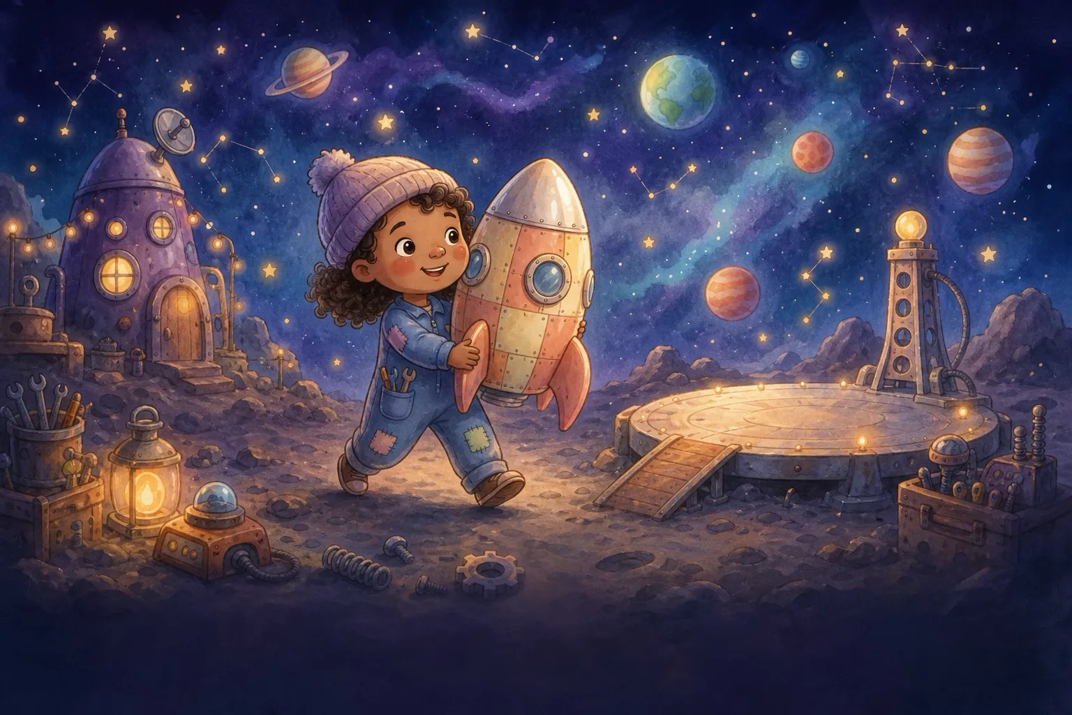 Juno happily carries her finished little handmade rocket toward the launch pad, full of excitement.