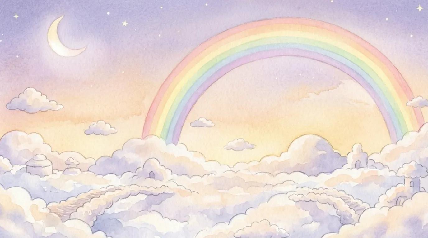 A wide view of the dreamy Cloud Kingdom at warm twilight — soft cloud hills, fluffy cloud bridges and a great pastel rainbow arch in a lavender, peach and gold sky, with a rising crescent moon and the first star.