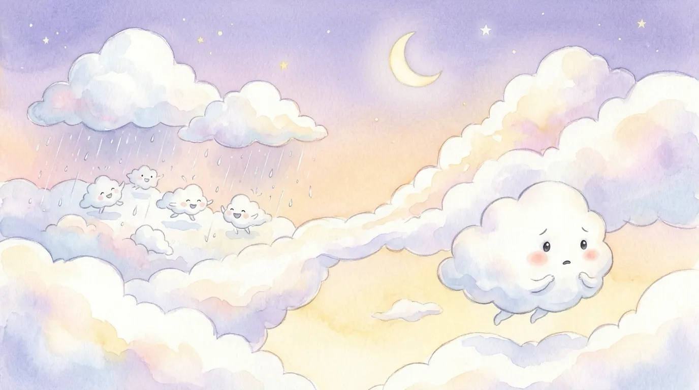 Little Nimbo, a small fluffy white cloud with a shy, scared little face, floats away to one side while the bigger clouds gently sprinkle soft rain.
