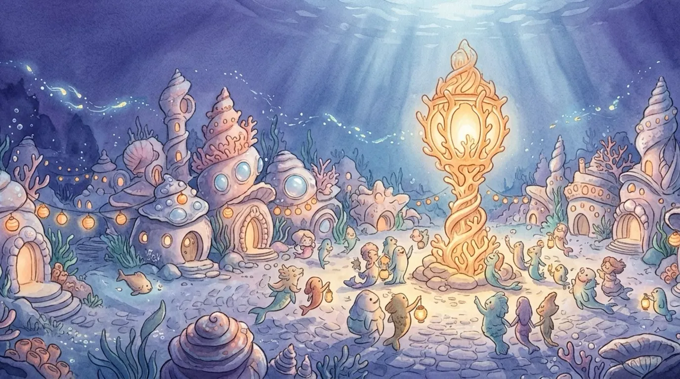 Tonight Coralbell City held its Moon-Pearl Festival, and high in the middle of the square glowed the great Coral Lamp, warm and golden over all the gathering fish.