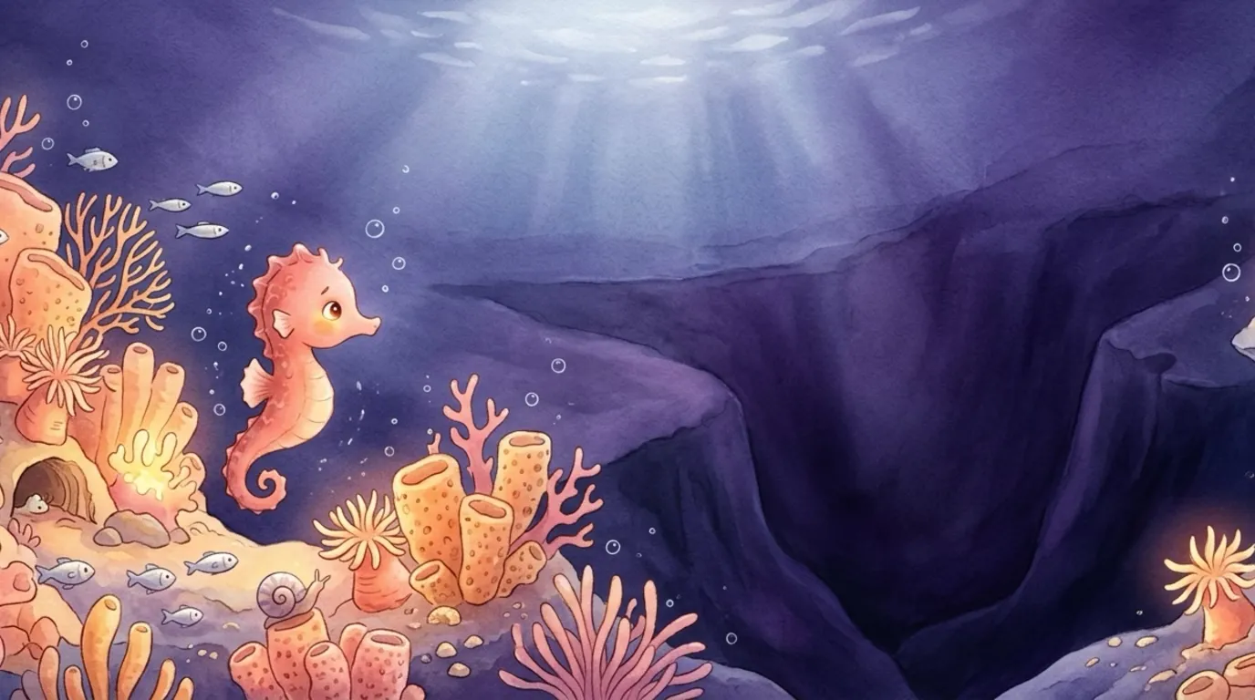 But tiny Sable the seahorse never, ever went near the edge — for there the reef dropped away into a deep, dark trench, and Sable was afraid of the dark.