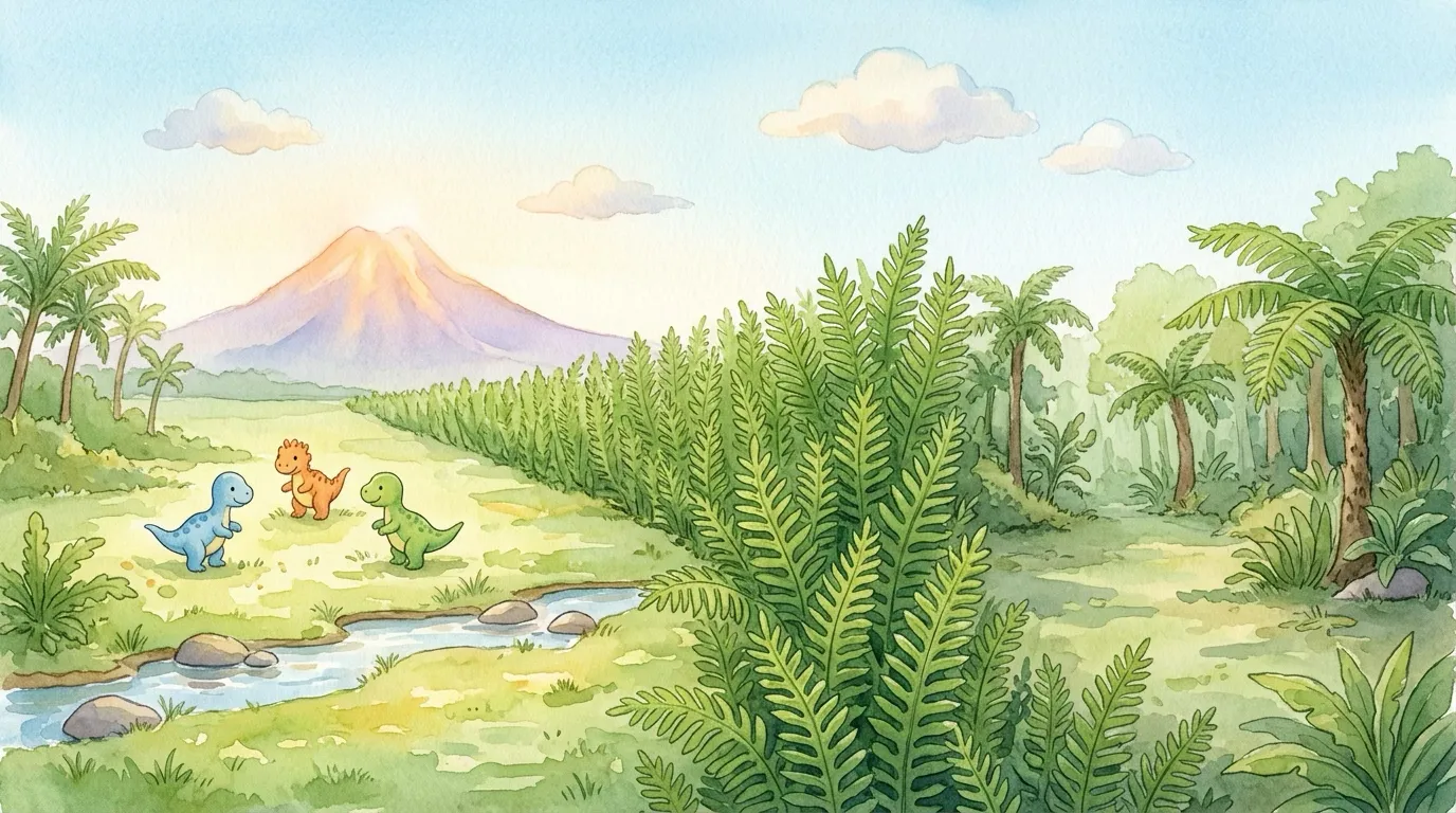 Wide establishing shot of a sunlit prehistoric fern valley with a clear line of tall ferns marking a boundary, small dinosaurs playing near it, a soft volcano glowing in the distant haze.