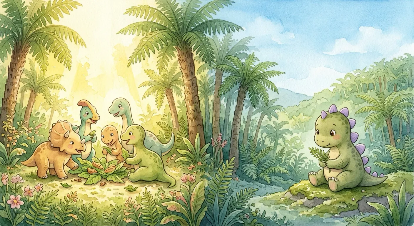 Split composition: a happy circle of small dinosaurs eating breakfast together on one side, and Thistle eating alone across the fern line on the other side.