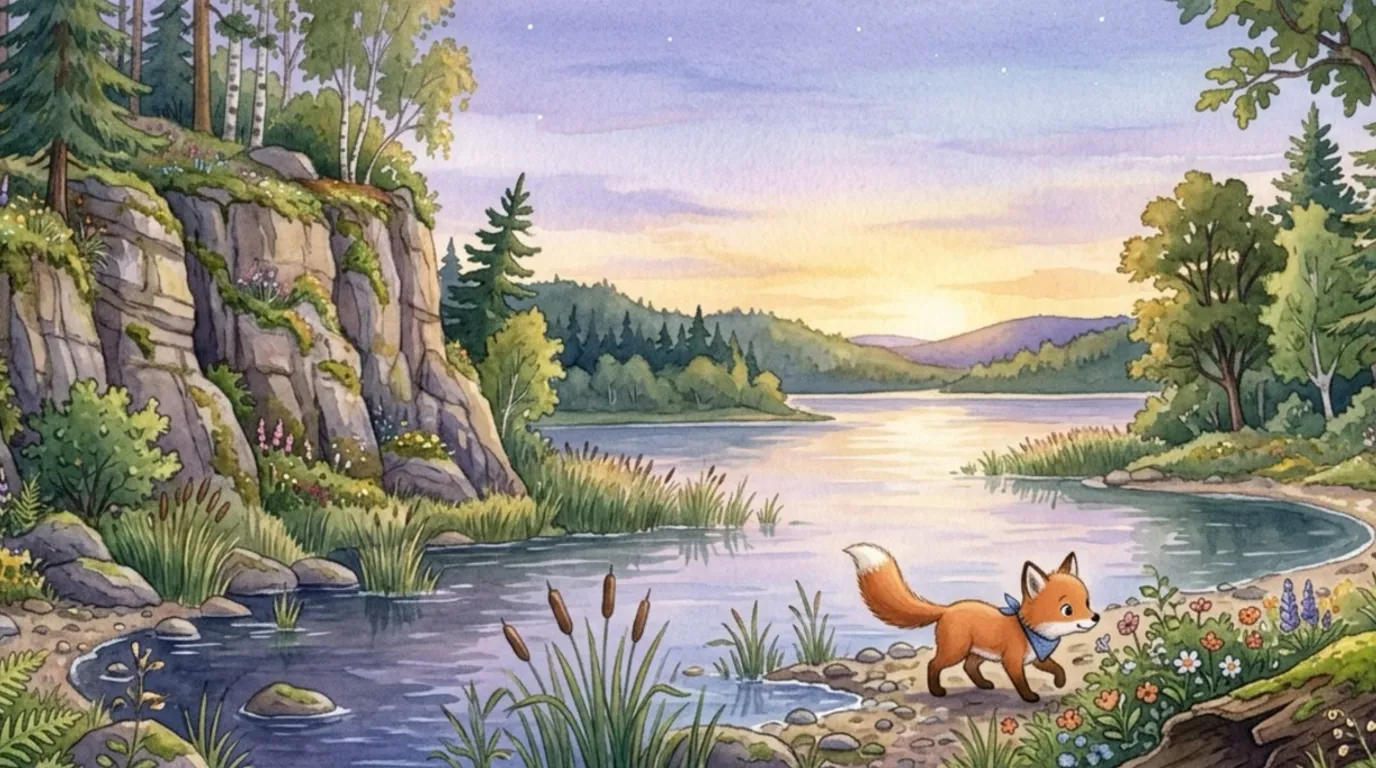 One evening by the lake, little Rue the fox went exploring along a tall rocky cliff that rose beside the water.