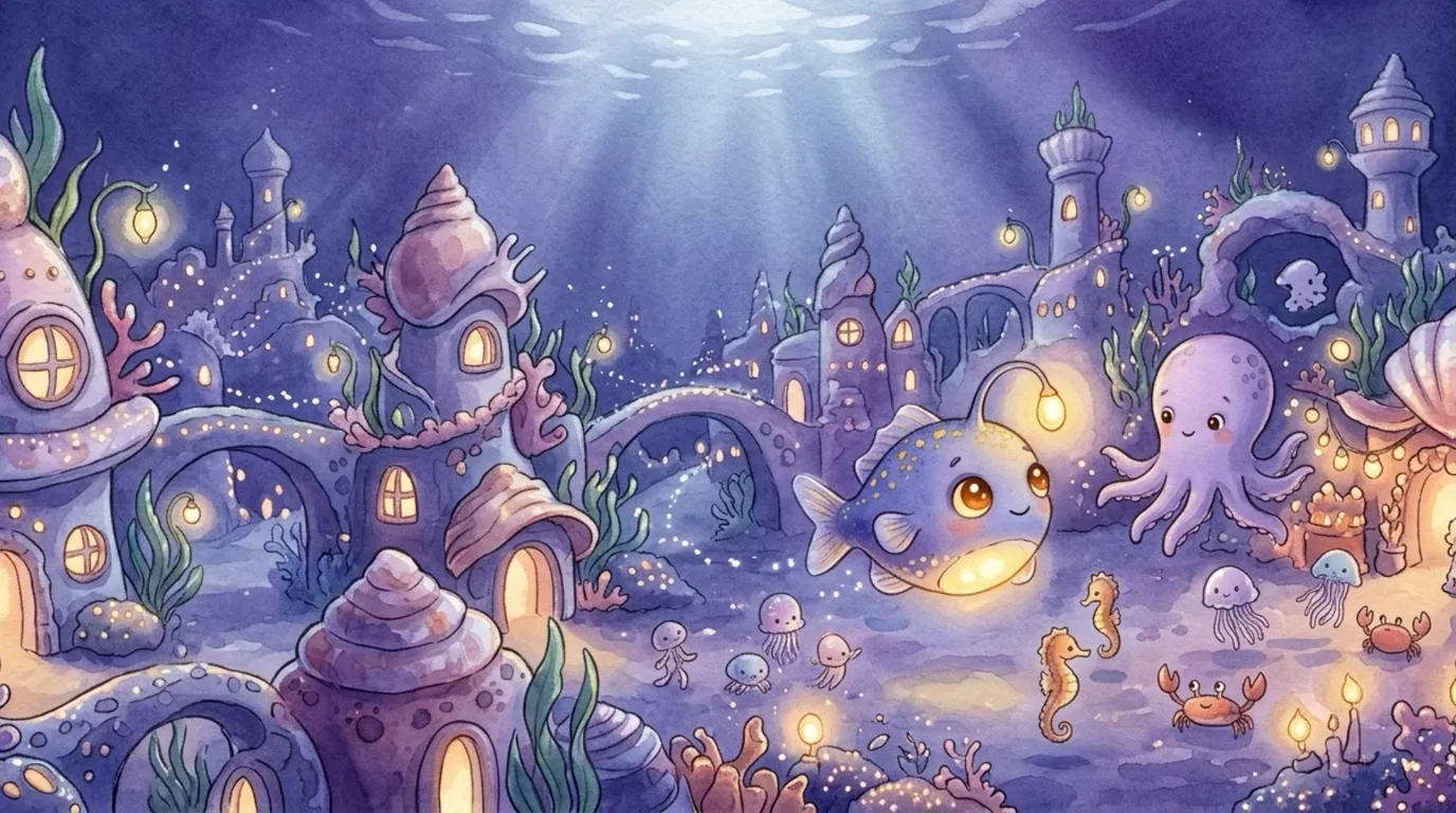 Little Nilo the lanternfish swims eagerly toward a lively coral plaza, his warm golden glow trailing behind him.