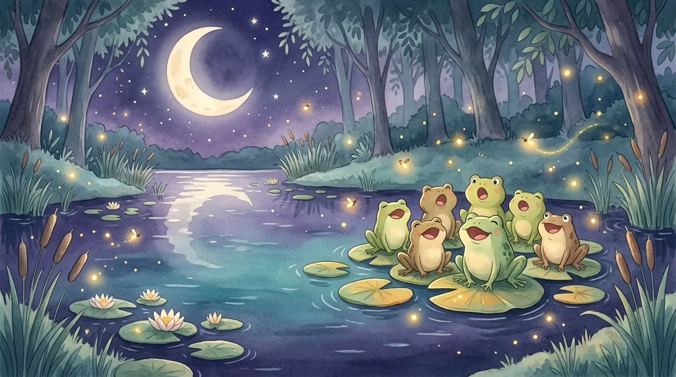Every night by the moonlit lake, the frog choir sang — a great booming chorus of the loudest croaks you ever heard.