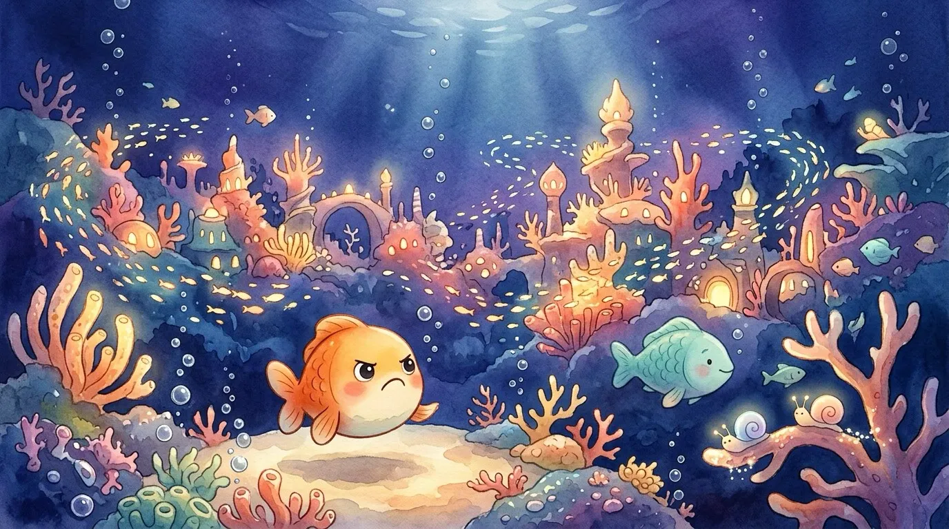 A wide establishing shot of a colorful underwater coral city — schools of bright fish swarm past glowing coral towers and rising bubbles, with little Fin frowning in the foreground.