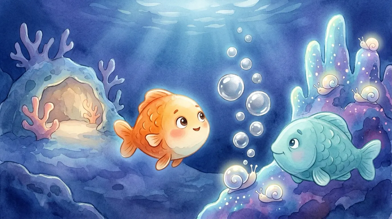 A medium shot — Fin stares enviously at a tall glowing neighbor reef and a snail's big shimmering bubbles, while her own modest little coral nook waits behind her, unnoticed.