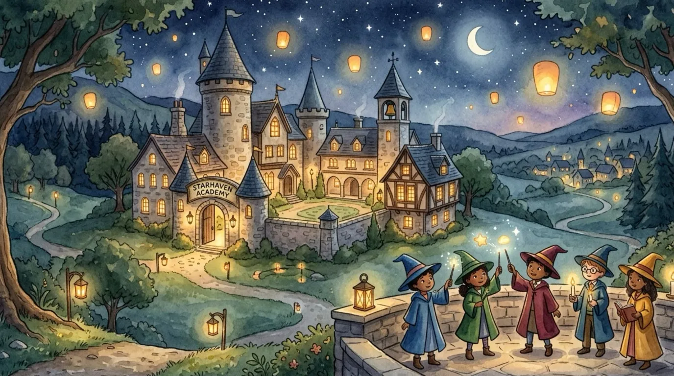 One starry night at the wizard school, the young wizards practiced their spells by warm candlelight.