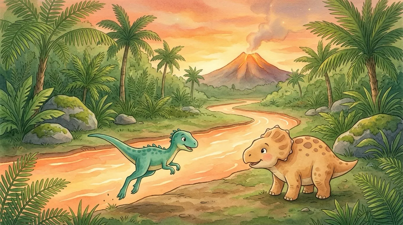 Medium action shot: Rex taking a running leap and tumbling back onto the same warm rock on the near bank; Bula watching; the wide glowing lava river between them and the far side, faint heat shimmer in the air.