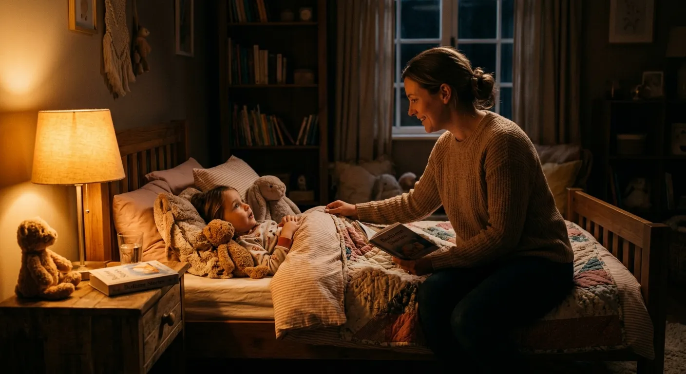 A parent tucking their child into bed under a warm lamp