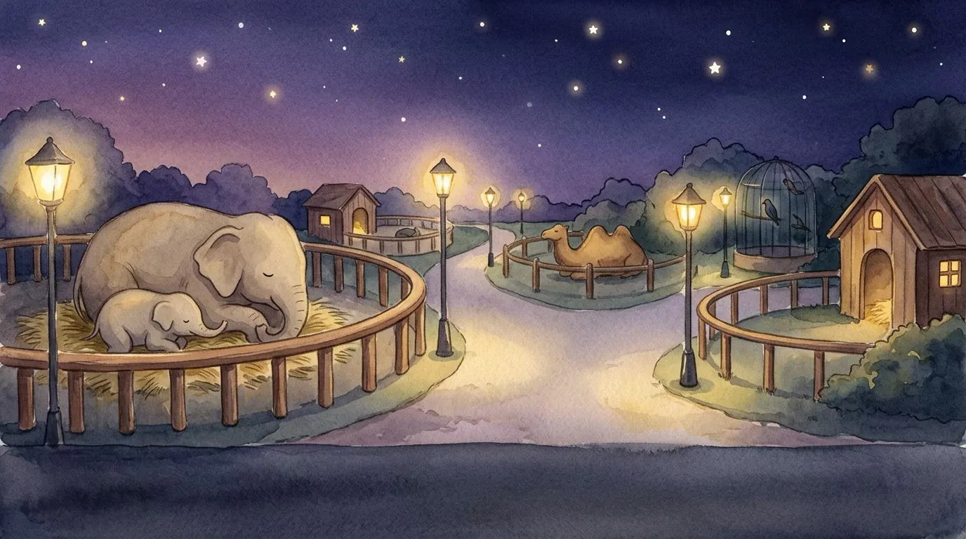 A wide nighttime view of a cozy zoo with warm glowing lamps.