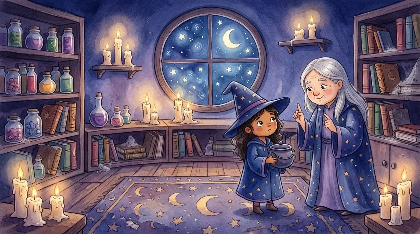Medium shot: the Teacher gently raising one finger to give instructions; Tansy nodding earnestly, holding the lidded cauldron which gives off a faint glow.