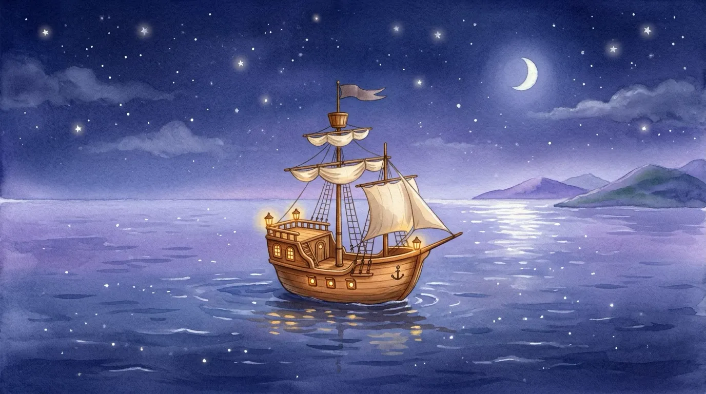 A wide view of a friendly little wooden pirate ship rocking gently on a calm, starry sea at night, its lanterns glowing warm and gold beneath a crescent moon.