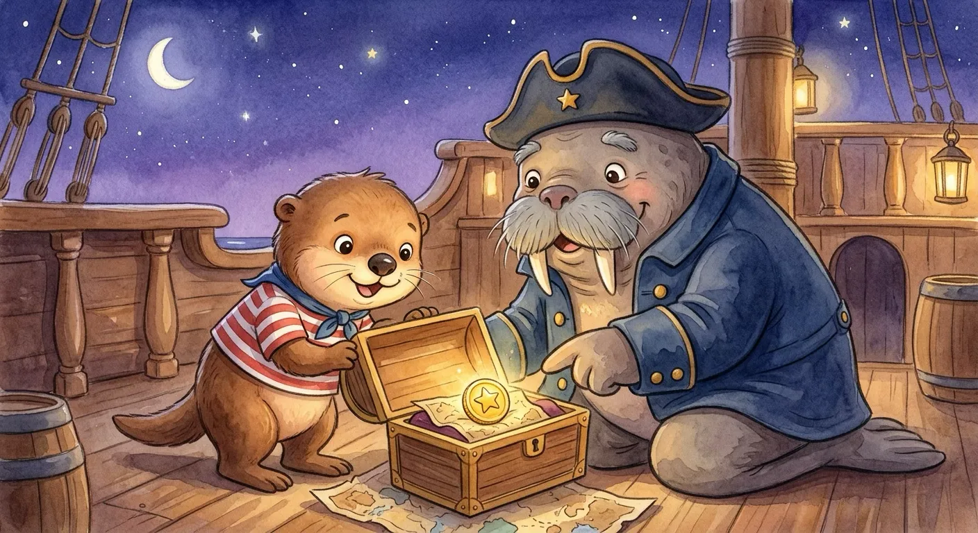 Kindly old Captain Wally the walrus, in a navy coat and tricorn hat, kneels on deck and shows little Sol the otter the glowing gold coin resting in a small wooden treasure chest.