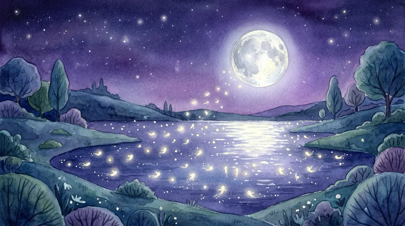 A wide view of a glowing lake at night, countless tiny lights dancing across the water under an indigo sky.