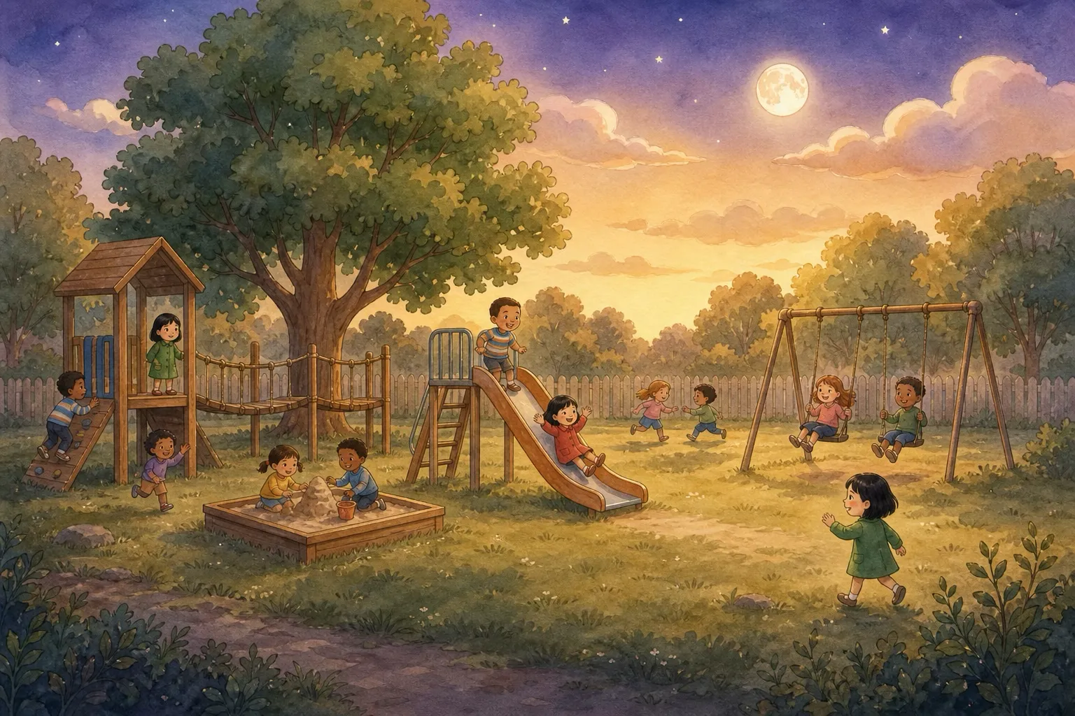 A wide view of Maple Park at warm golden dusk — swings, a wooden slide, a sandbox, a big leafy tree and a low fence — full of children playing as the first star and a gentle moon rise.