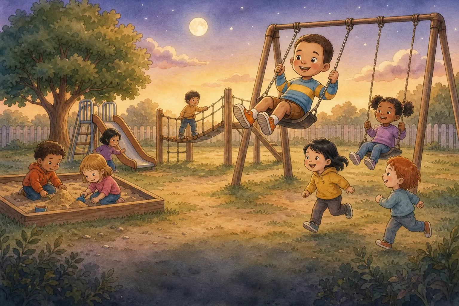 Theo, a happy boy in a blue-and-yellow striped sweater, swings up high while his friends climb the wobbly bridge and dig in the sandbox.