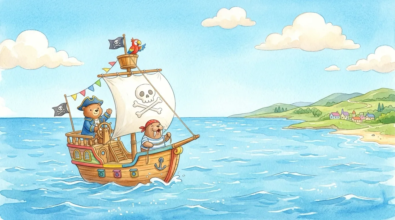On a bright blue morning, the little pirate ship skipped merrily over the waves, its sail puffed full and round.