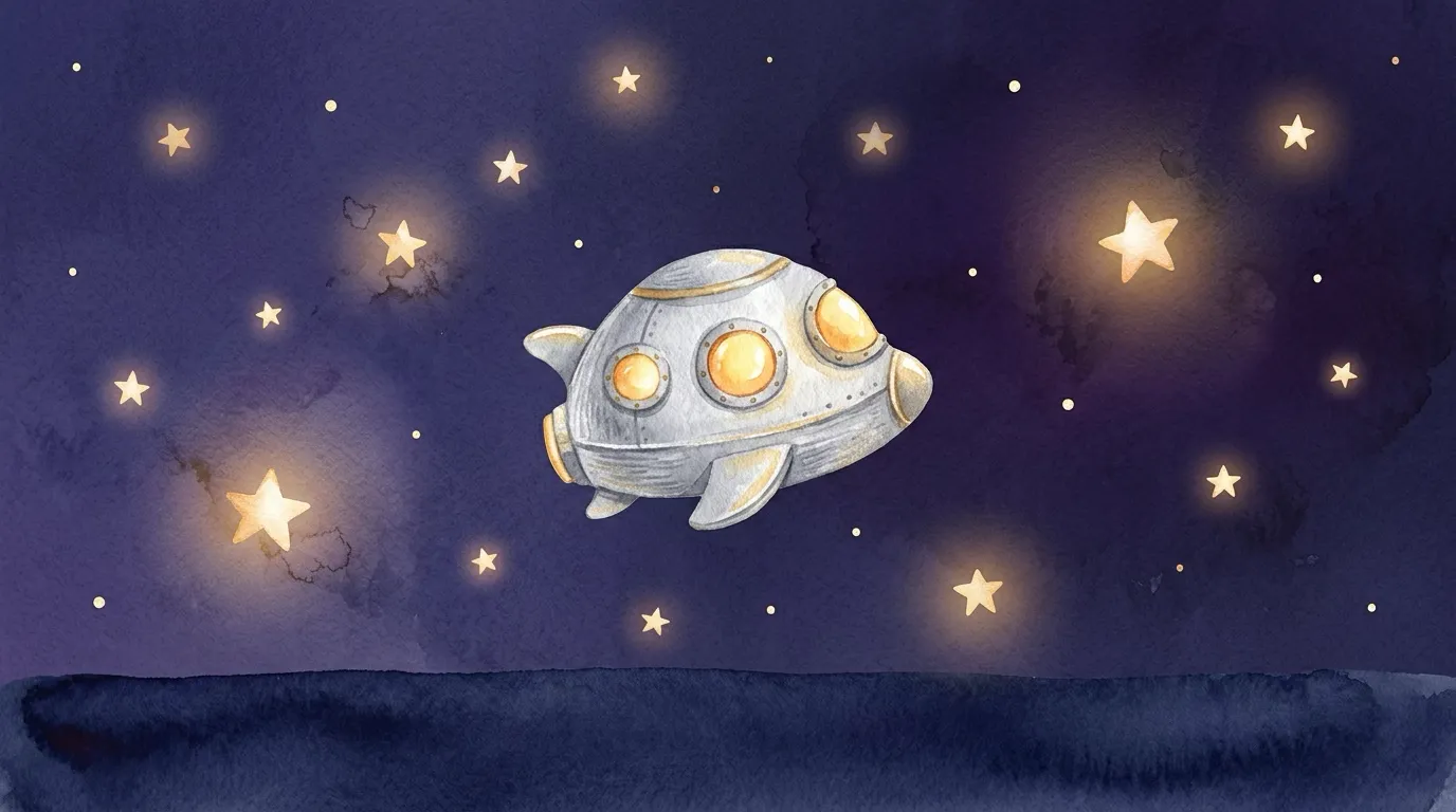 A tiny silver spaceship with warm glowing windows drifts among the stars.