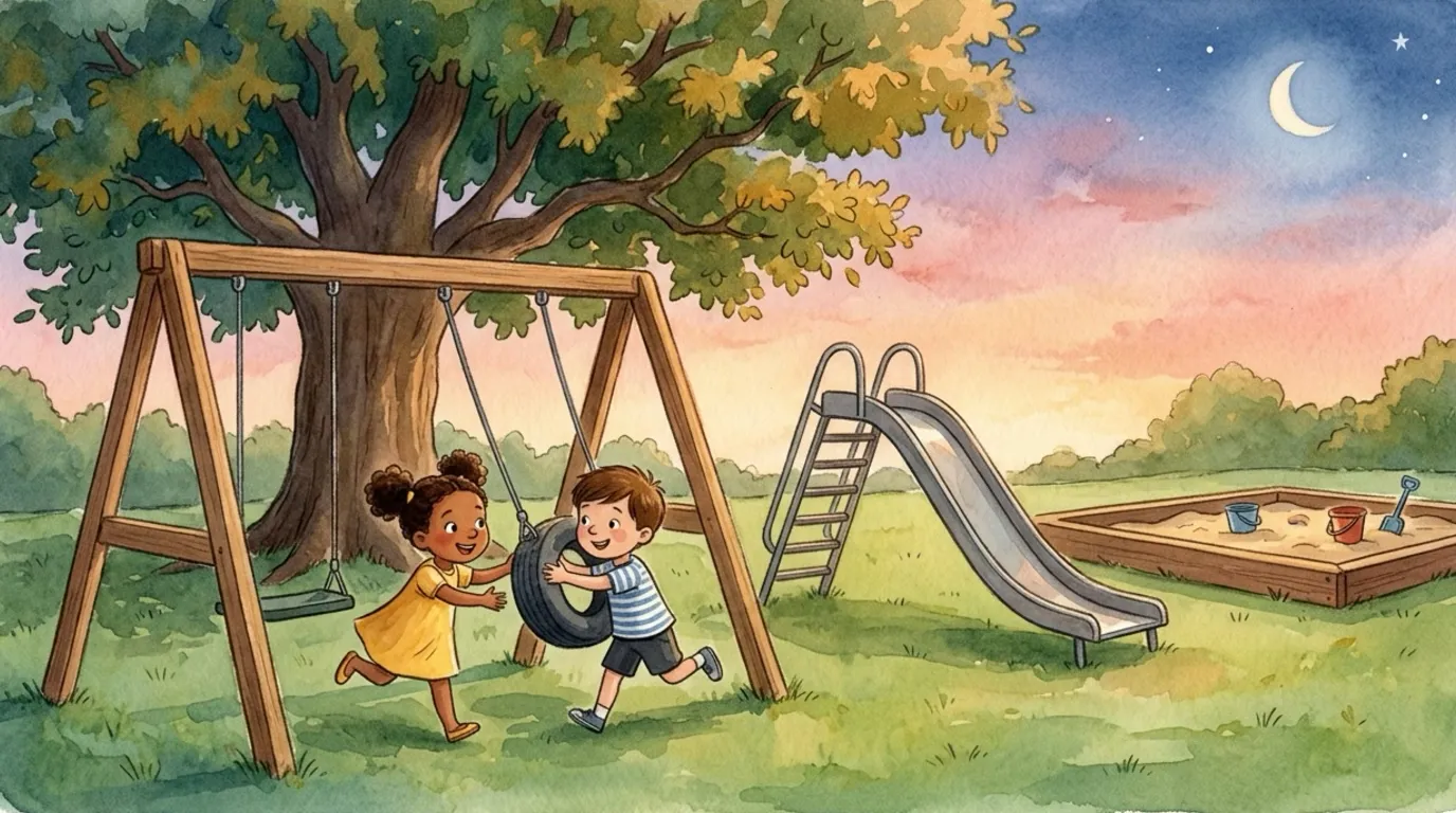 One evening, Ada and Milo dashed up to the swing at the very same moment. "I want a turn!" said both, at once.
