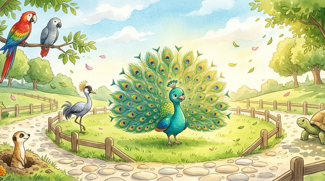 Wide establishing shot, bright sunny zoo: Pavo in the center proudly showing off his glorious multicolor tail-fan, with a few small zoo animals watching.