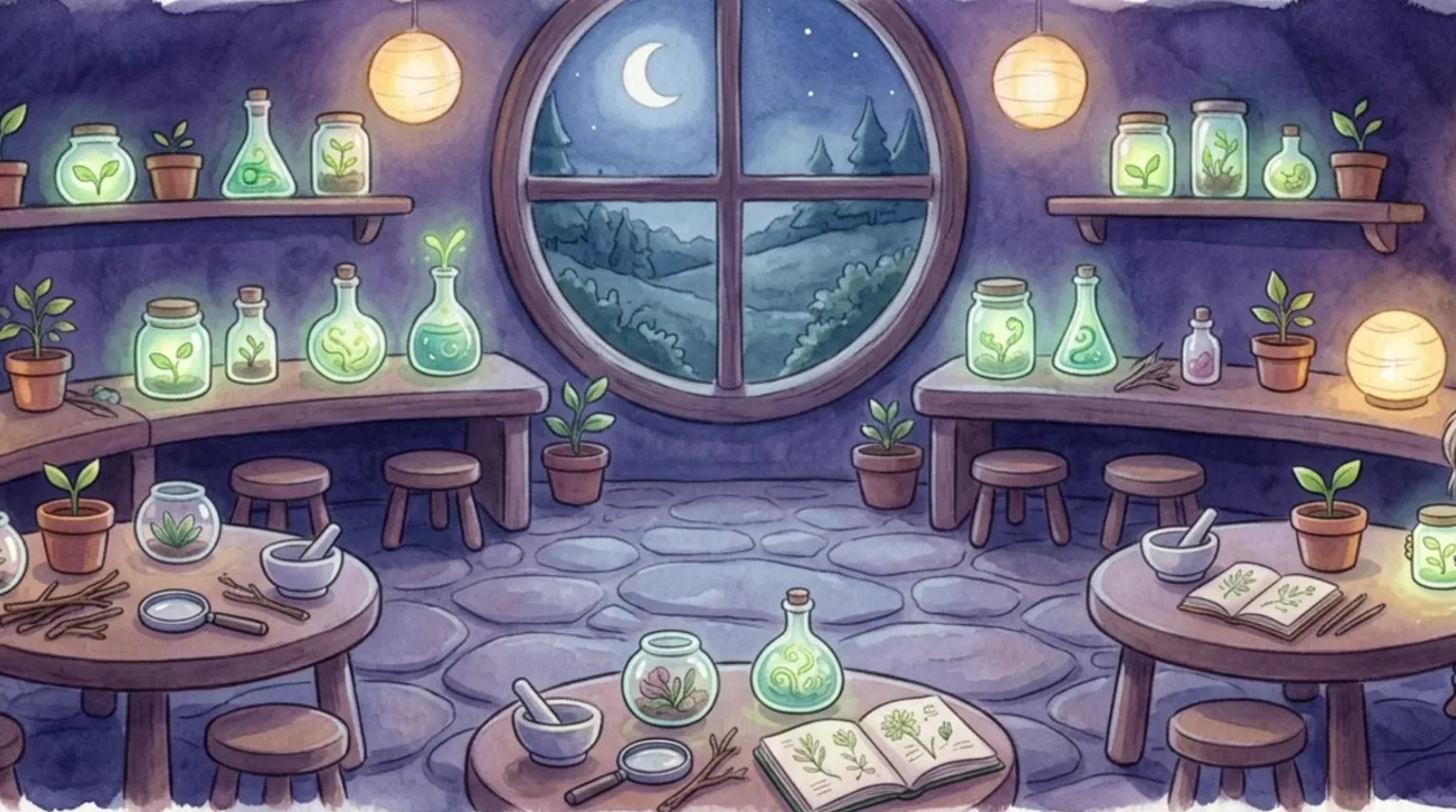 A cozy children's science lab at night with moonlit windows, tidy round tables, warm lamps, and jars glowing like tiny stars.