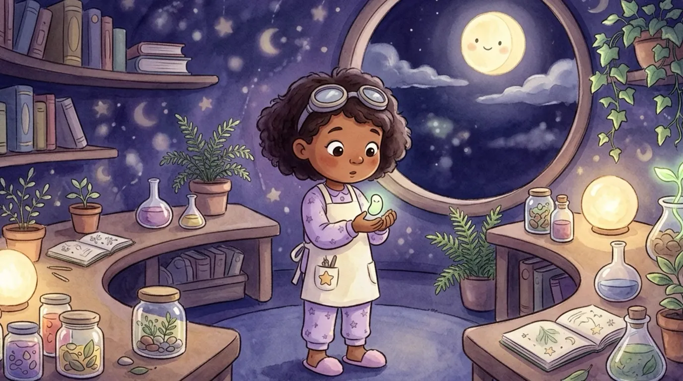 Mina holds a tiny pale moonbean seed glowing softly green above a small flowerpot.
