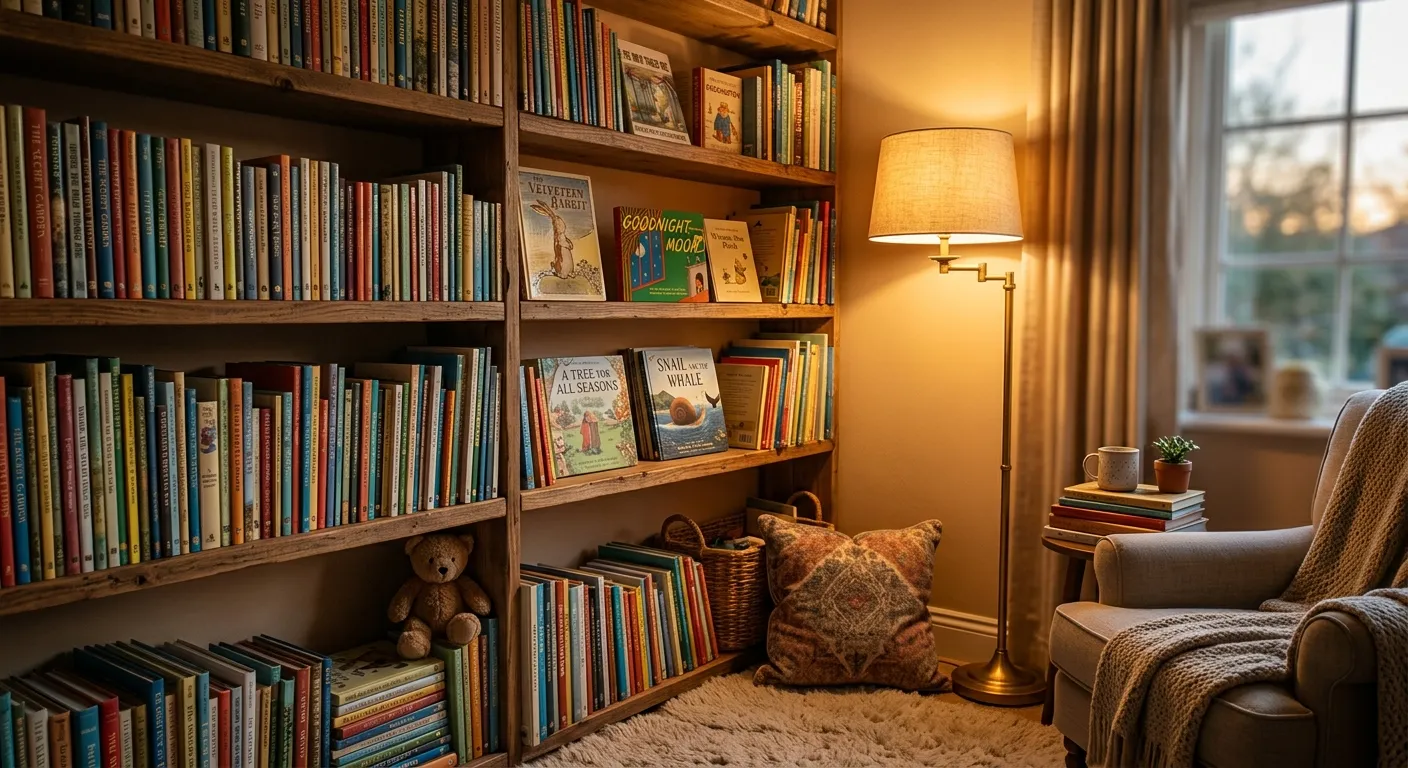 A cozy home library corner with shelves full of colorful picture books