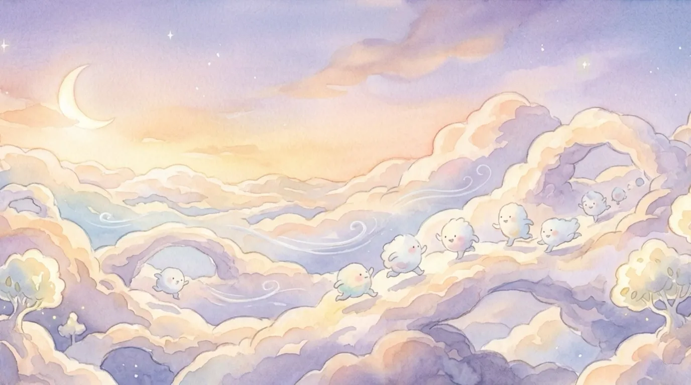 In the soft pink-and-gold evening sky, the cloud-children chased the wind, tumbling and racing between the cloud-hills.