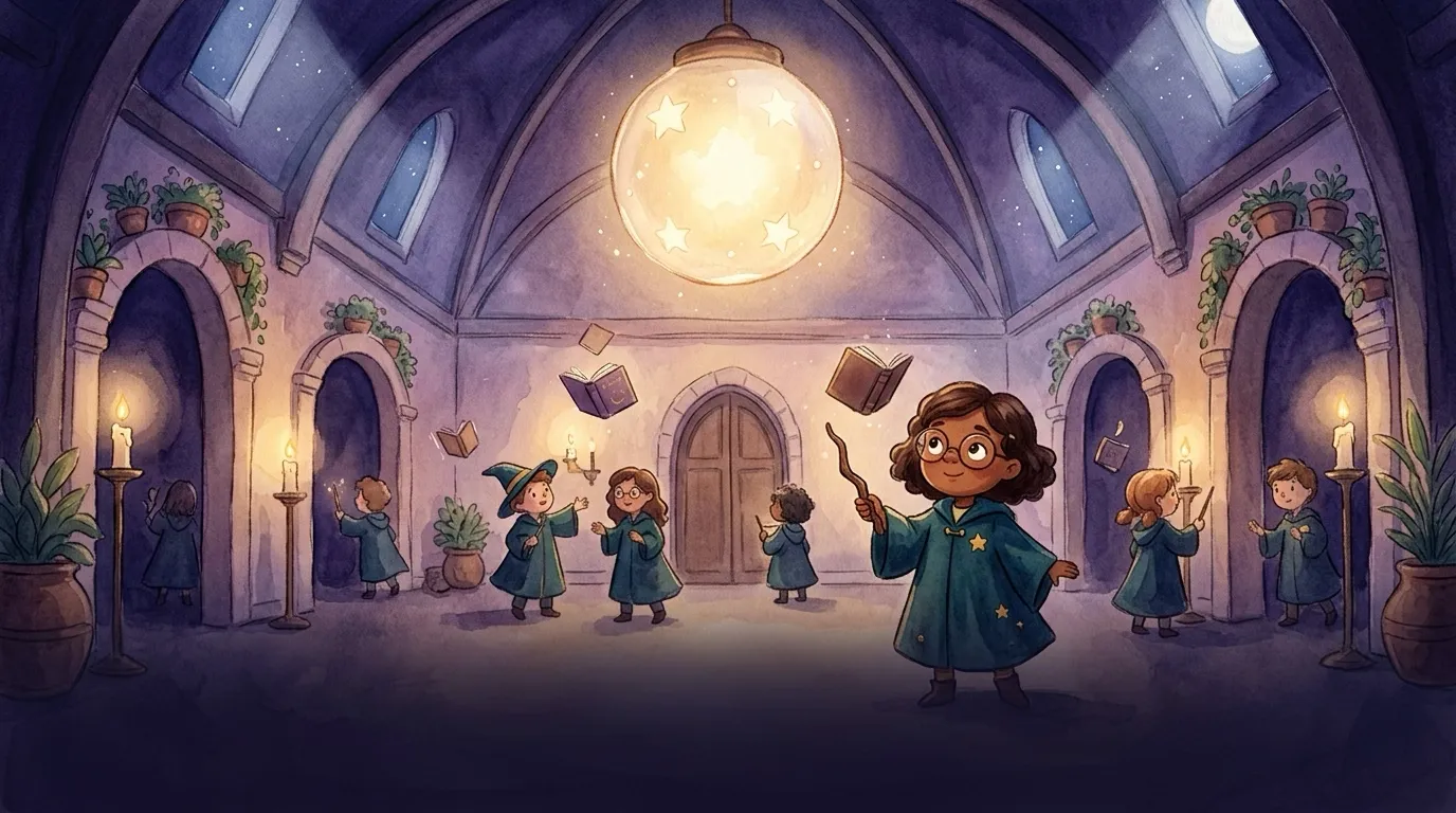 A cozy wizard-school hall at night with the Great Star Lantern glowing high above candlelight and floating books.