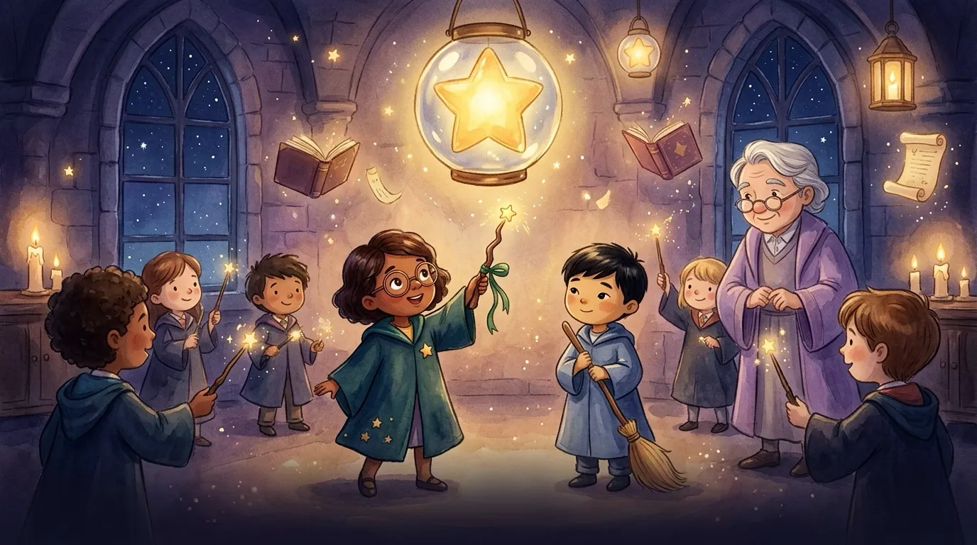 Ivy and other young students practice making tiny stars with their wands beneath the Star Lantern.