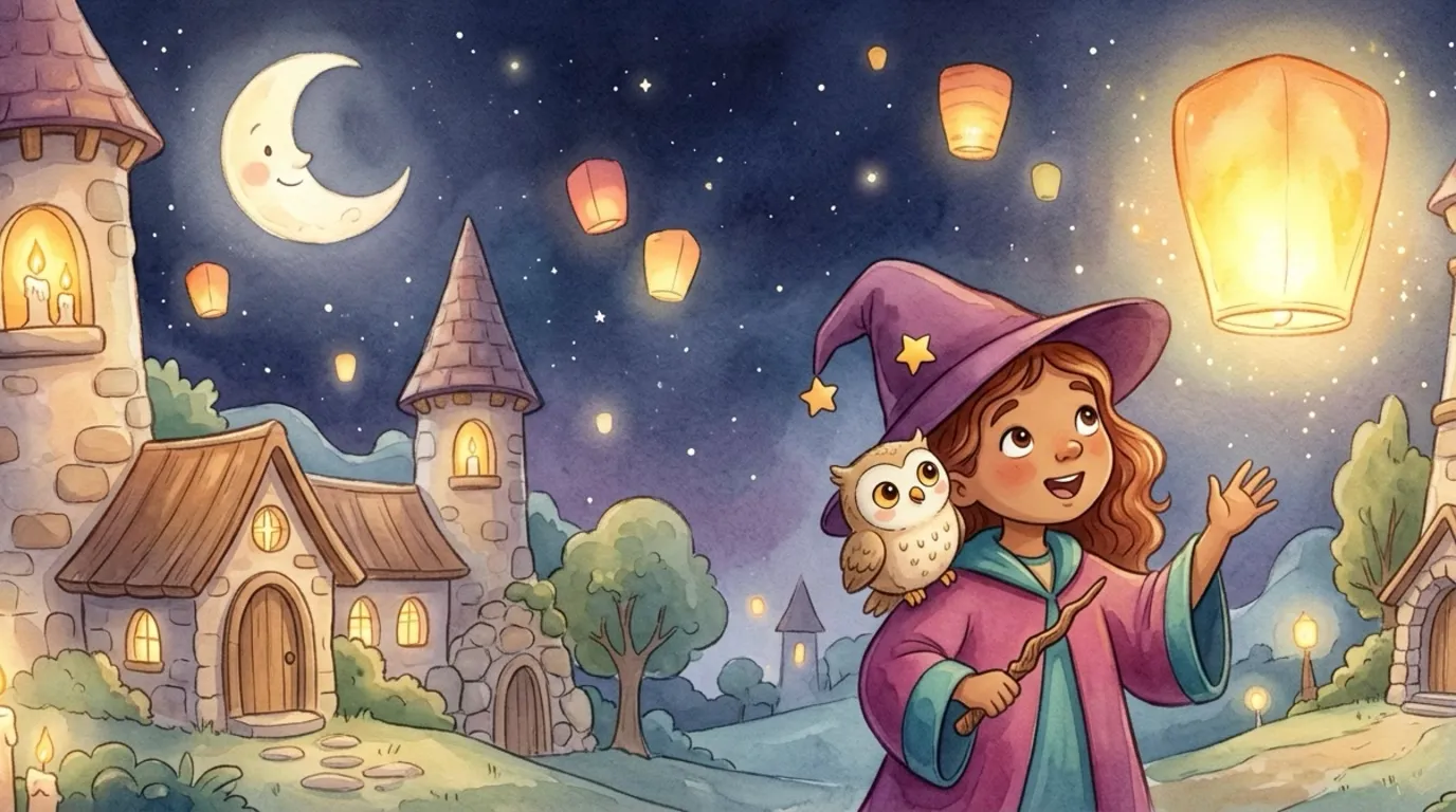 Wren the little wizard and her tiny owl Nim, excited, near a great lantern.