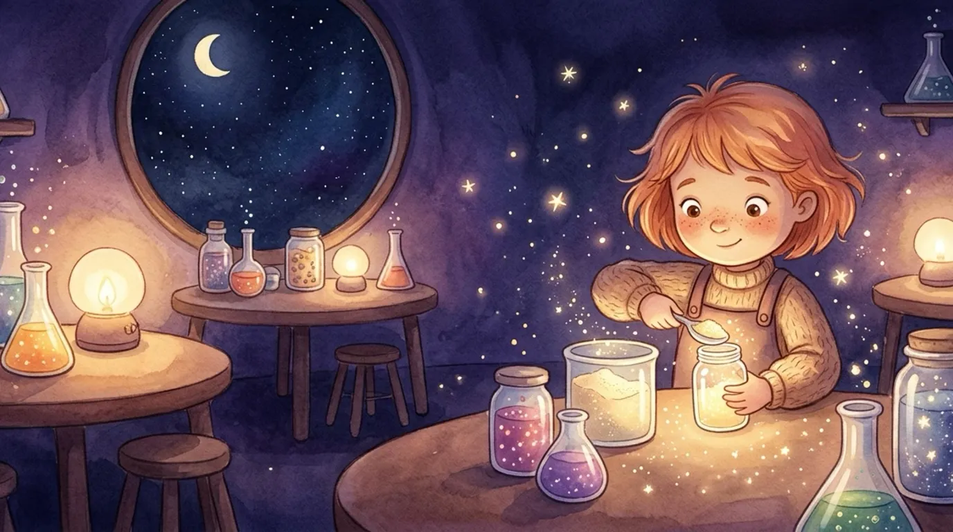 In a cozy night-time lab full of warm lamps, little Indi the inventor was making her very best thing yet: a jar of glowing stardust.