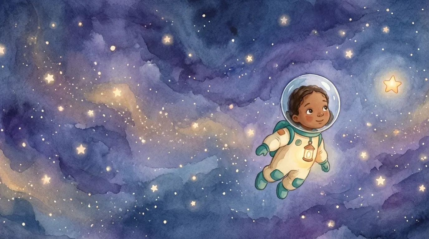 A wide dreamy starry night sky full of soft glowing stars, with a tiny astronaut child floating among them.