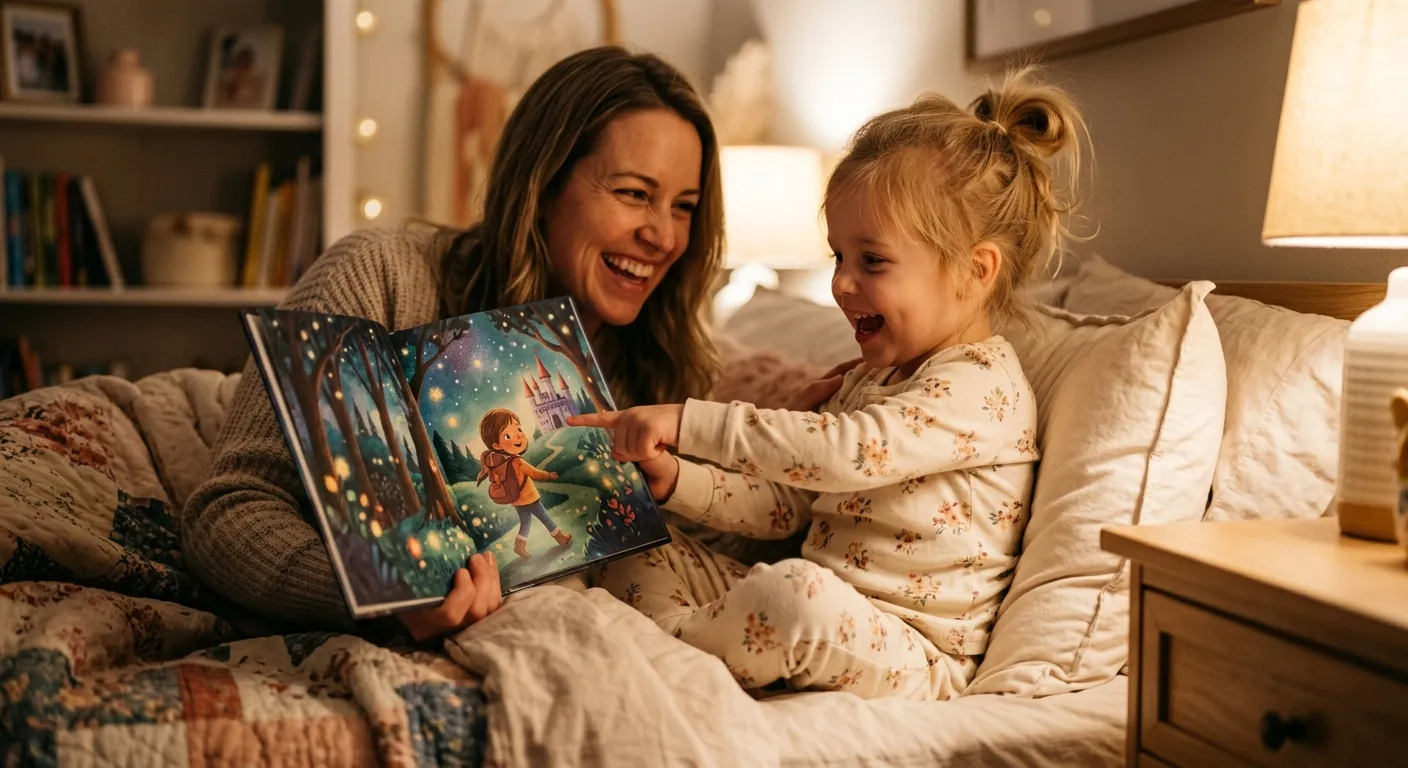 A parent and child discovering a picture book where the hero looks like the child