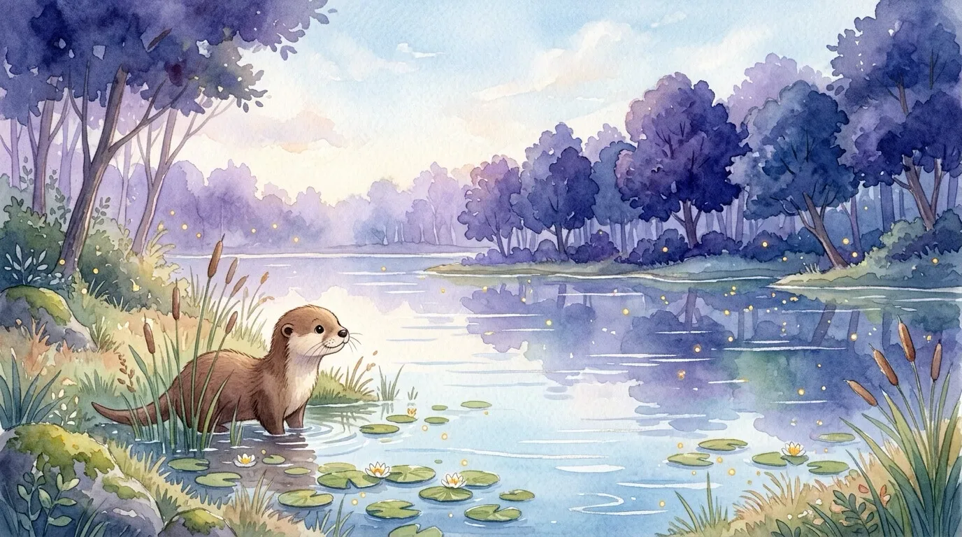 A quiet forest lake in the morning with reeds, lily pads and a clear blue sky reflected in the water.