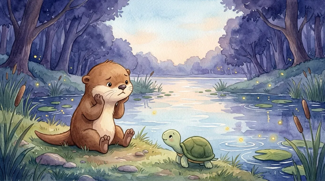 Mara the little otter sits by the calm lake with an impatient, unsatisfied look, imagining a grand surprise.