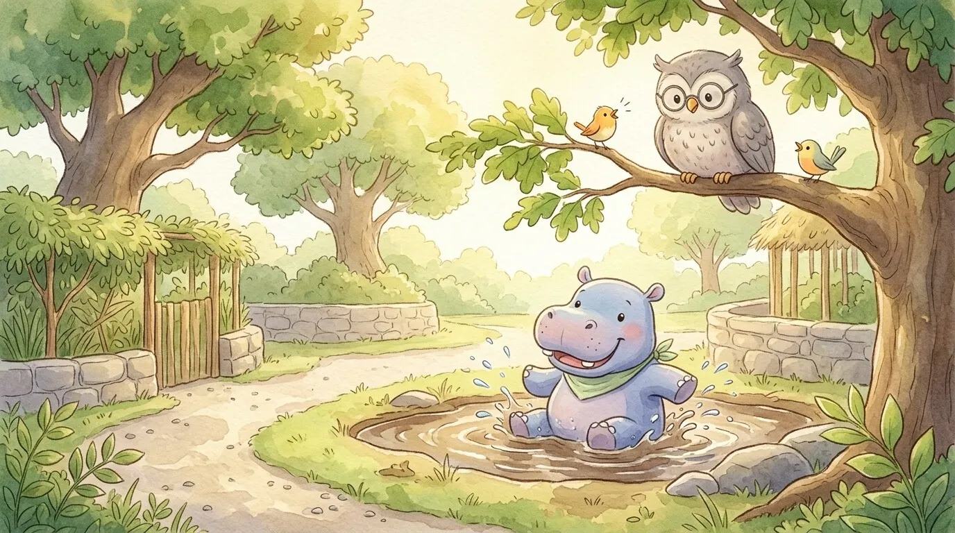 A medium shot — Hugo splashes the mud with a scowl while wise Grandma Owl peers down at him from a leafy branch overhead.