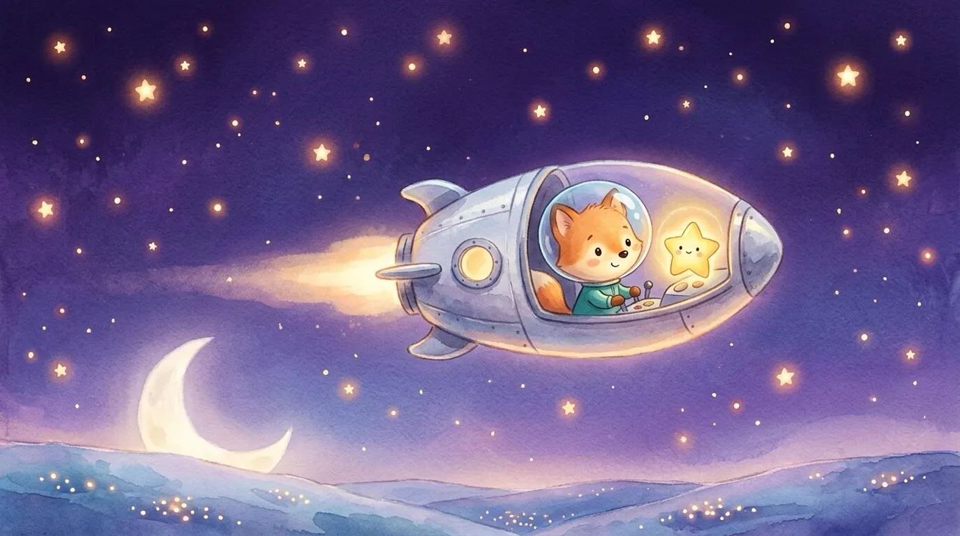 A wide establishing shot of deep space — a tiny silver rocket streaks across an enormous starry sky, with glowing stars hanging like lanterns and a soft moon far below.