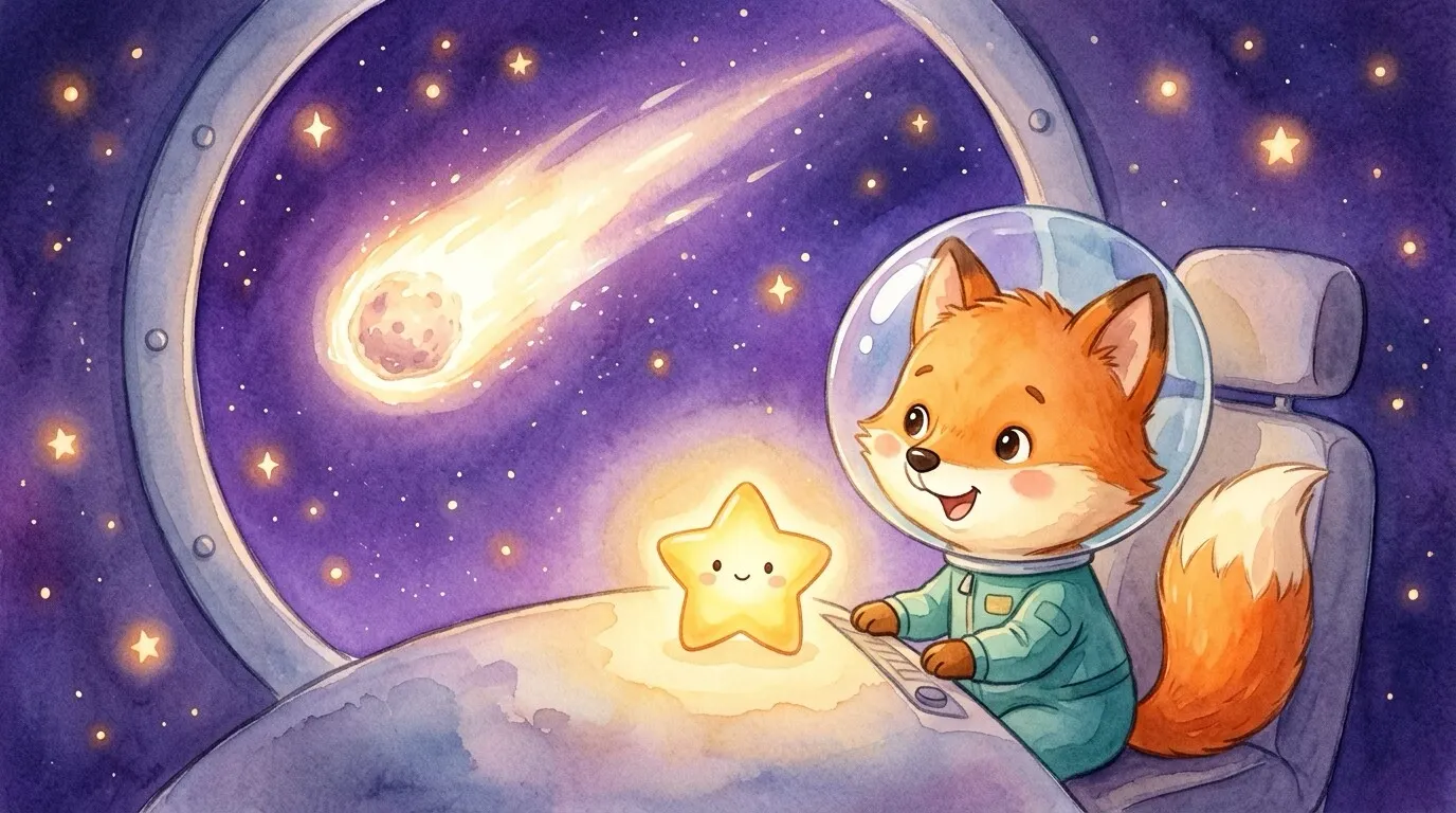 A close shot inside the cockpit — Pip's eager face is lit by a small glowing star-lamp on her dashboard, while a huge dazzling comet blazes through the window ahead.