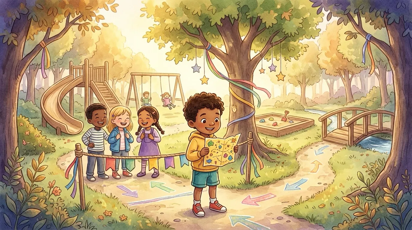 A bright playground on treasure-hunt morning, full of ribbons, chalk arrows and paper stars, with Milo bouncing excitedly at the starting line.