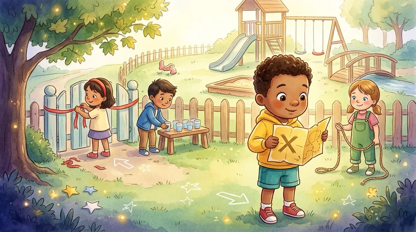 Several children prepare the playground treasure hunt while Milo looks down at a golden map, missing the help around him.