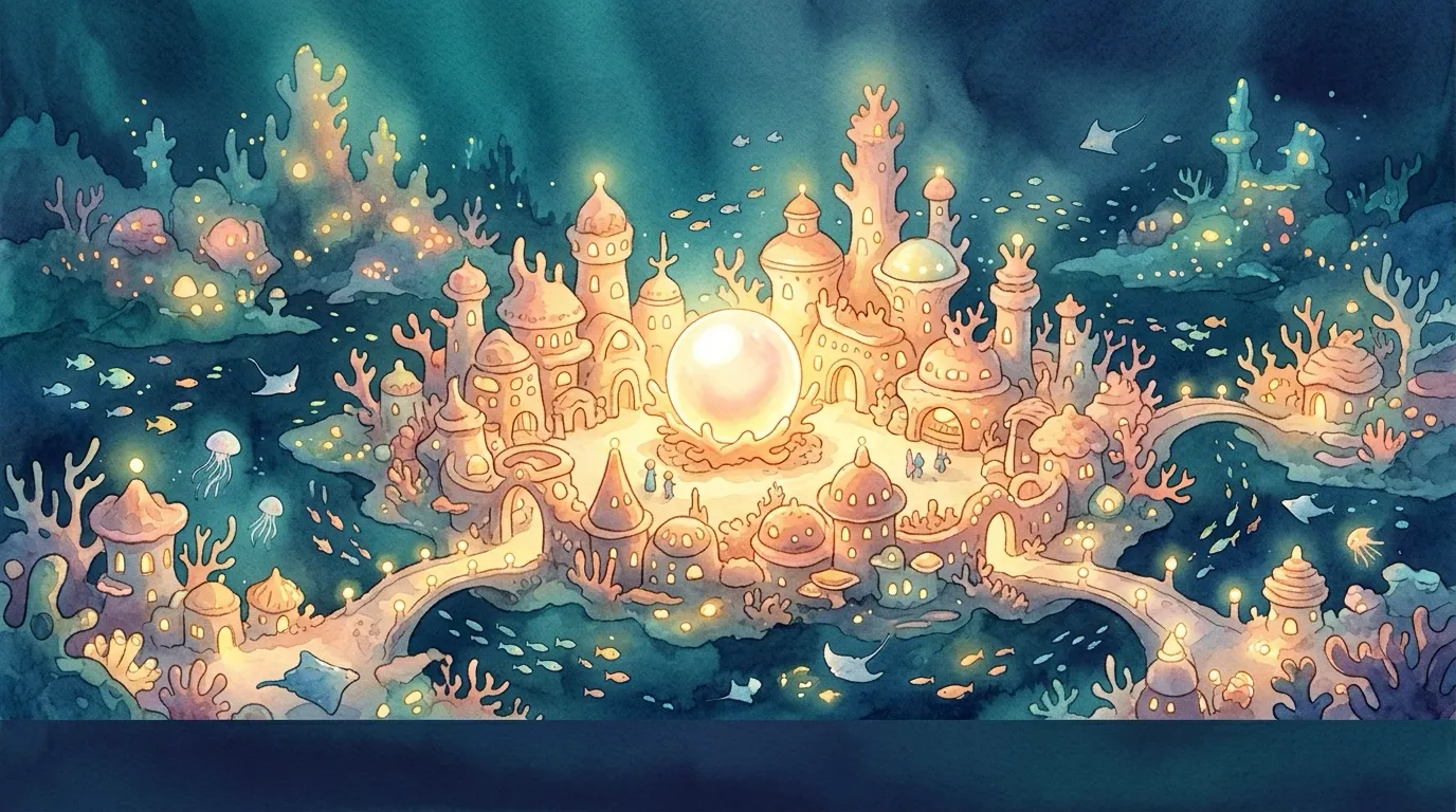 A glowing underwater coral city with a bright pearl lighting the town square.