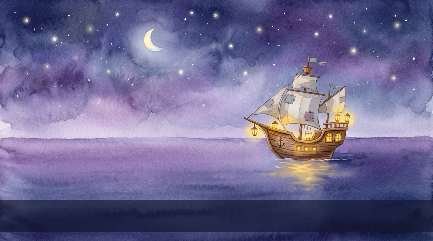 A little wooden pirate ship sails softly across a calm starry night sea.