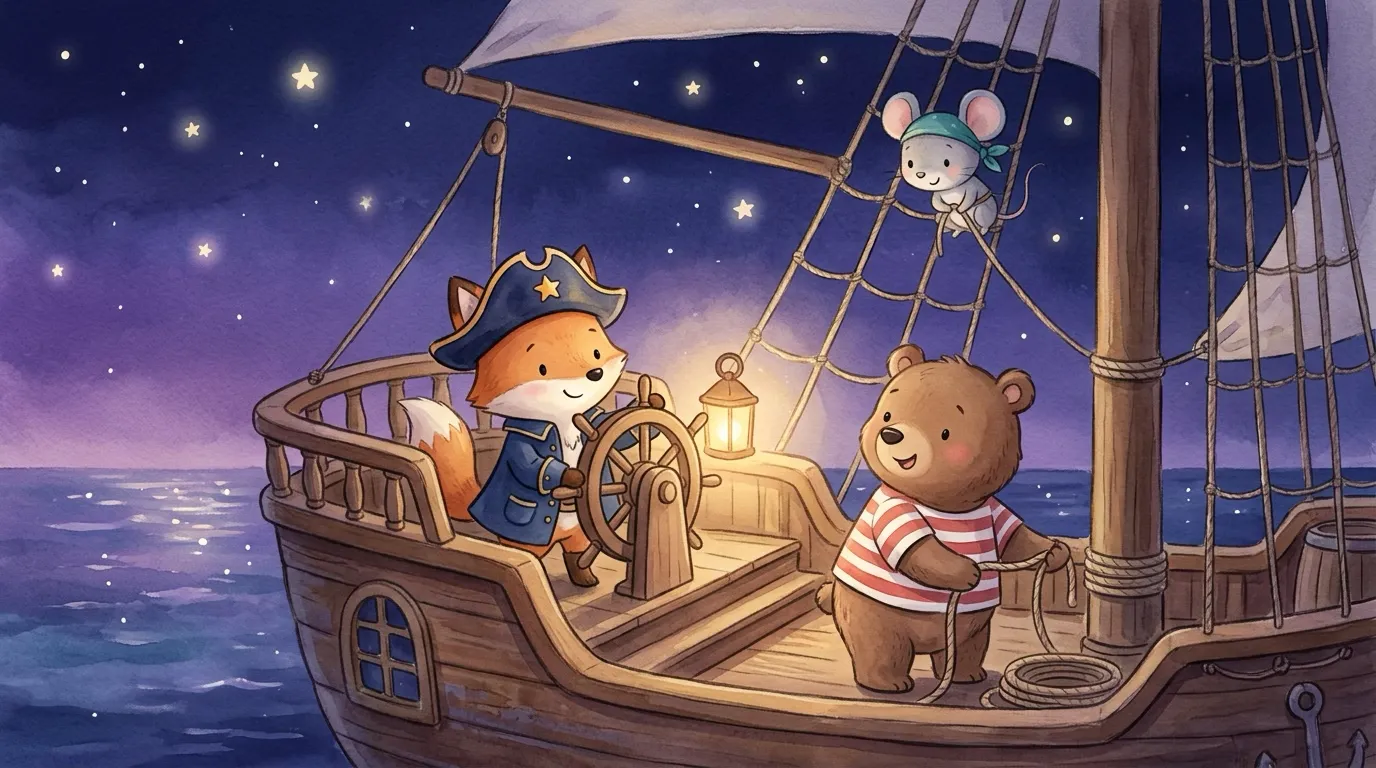 The crew at their spots: Fen the fox at the wheel, Bruno the bear by the ropes, Millie the mouse in the rigging.