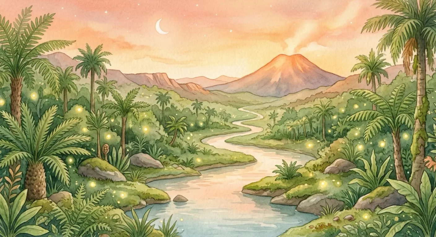 A wide view of a lush green prehistoric fern valley at warm amber-and-coral twilight — tall ferns and palms, a calm winding river, a rising crescent moon, the first star, soft fireflies, and a far-off volcano glowing soft orange.